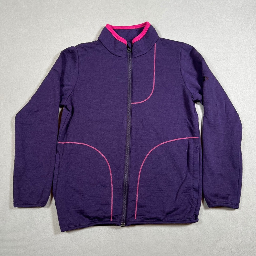 Icebreaker Merino Wool Full Zip Jacket Kids 9-10 Purple Pink Mock Neck Sweater